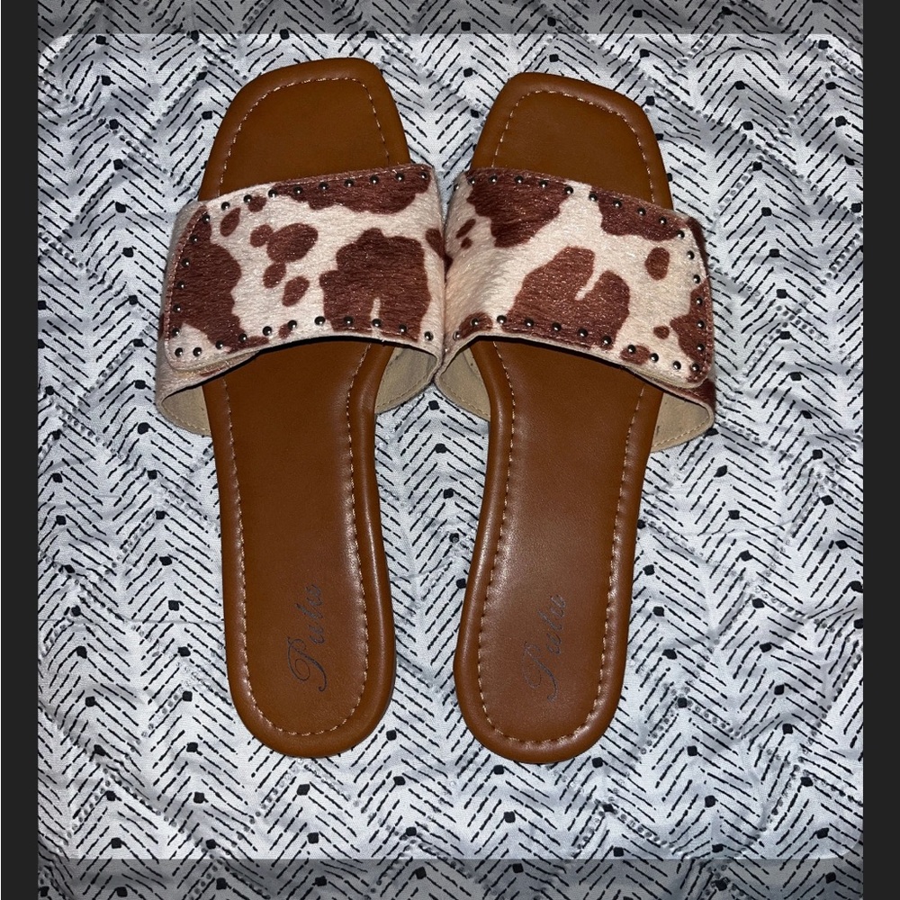 Brown and White Cow Print Sandals